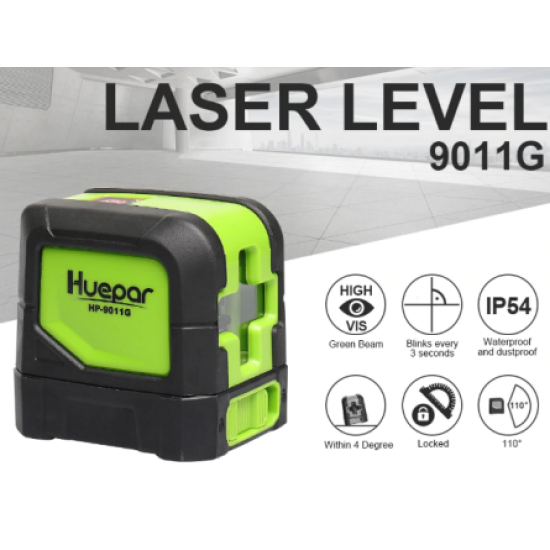Lāzera līmeņrādis, krusteniskais, krustlīniju, krustleņķa HUEPAR, zaļie stari, pašlīmeņojošs 9011G