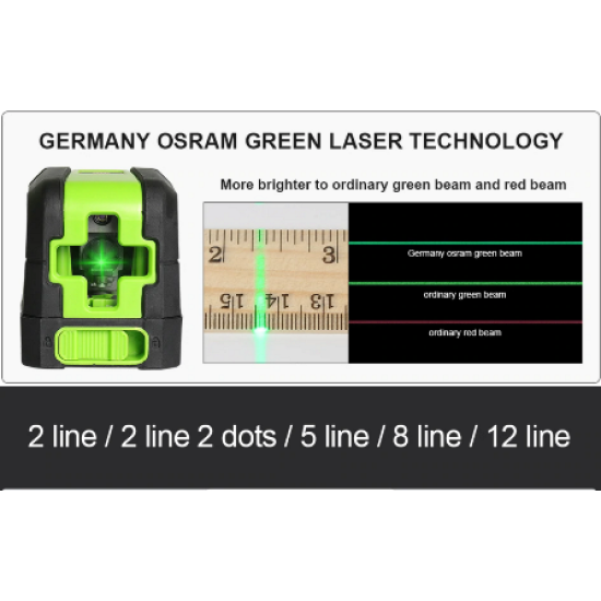 Lāzera līmeņrādis, krusteniskais, krustlīniju, krustleņķa HUEPAR, zaļie stari, pašlīmeņojošs 9011G