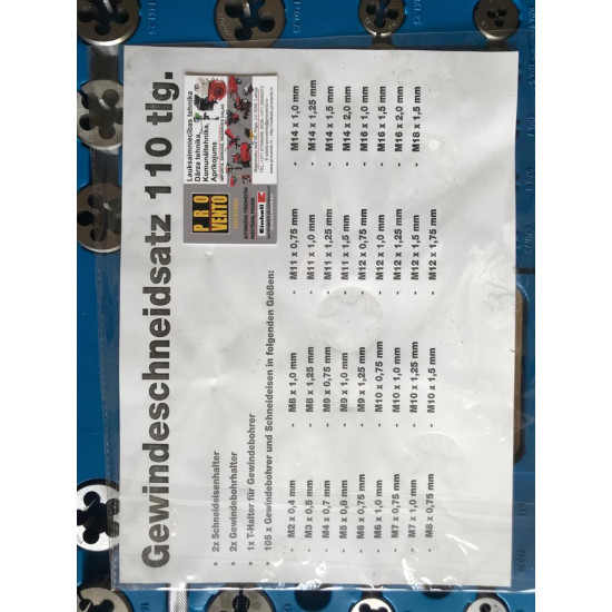 Vītņu griešanas instrumentu komplekts metriskām vītnēm, 110 vienības