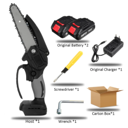 Zaru zāģis pagarināts 6 collu sliedes garums darbināms ar akumulatoru ķēdes zāģis svarīgi ka komplektā ir 2 baterijas