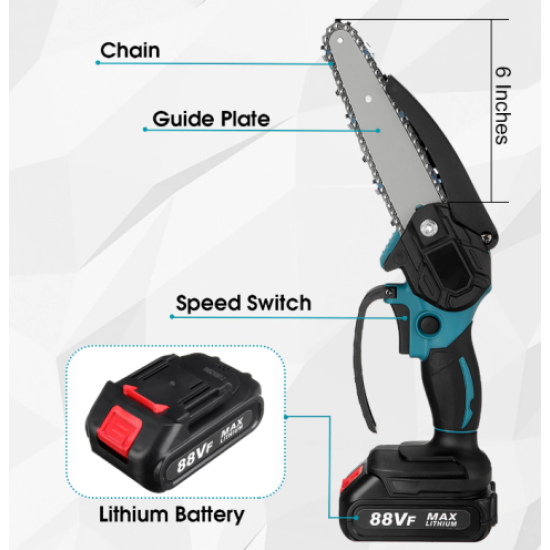 Zaru zāģis pagarināts 6 collu sliedes garums darbināms ar akumulatoru ķēdes zāģis svarīgi ka komplektā ir 2 baterijas