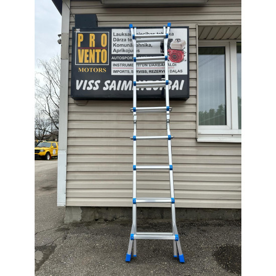 Kāpnes Trepes A tipa 4x4 Multi izvelkamas saliekamas universālas multifunkcionālas 4 daļas 4 pakāpieni (arī 4x3, 4x5) Lielie paaugstinātas izturības apaļie šarnīri.