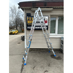 Kāpnes Trepes A tipa 4x5 Multi 5,3m izvelkamas saliekamas universālas multifunkcionālas 4 daļas 5 pakāpieni (arī 4x3, 4x4 4x6) Lielie paaugstinātas izturības apaļie šarnīri.