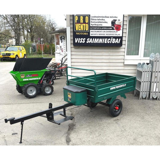 Piekabe motoblokam dārza trktoram pašizgāzējs atverami borti sēdeklis stingra konstrukcija universāls pielietojums