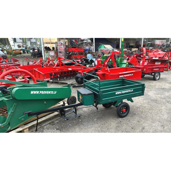 Piekabe motoblokam dārza trktoram pašizgāzējs atverami borti sēdeklis stingra konstrukcija universāls pielietojums