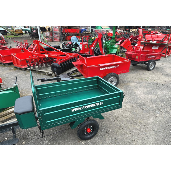 Piekabe motoblokam dārza trktoram pašizgāzējs atverami borti sēdeklis stingra konstrukcija universāls pielietojums