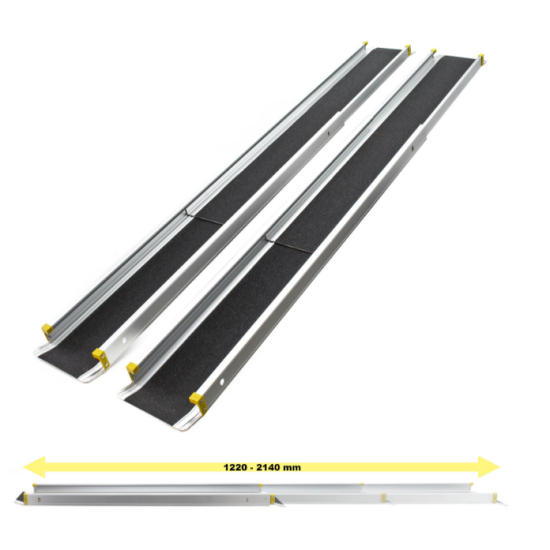 Rampa ratiņkrēslam motociklam kravai uzbraucama laipa teleskopiski izvelkama viegls alumīnijs pretslīdes pārklājums 270 kg izmērs pielāgojams 122 -214 cm