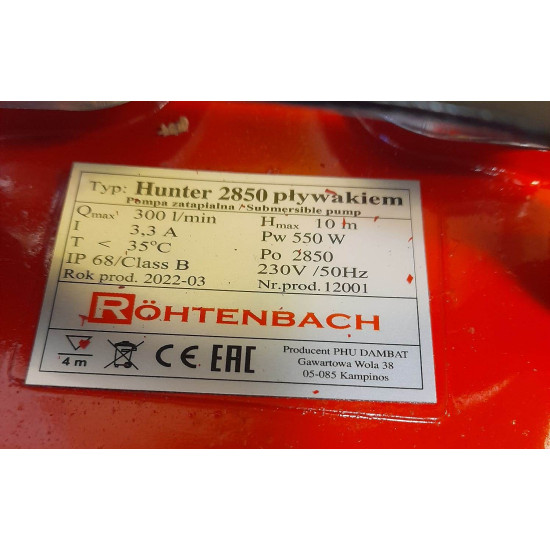 Ūdens sūknis iegremdejams netīram ūdenim asinezācijas ar pludiņa tipa slēdzi, Rohtenbach/Hunter 220V 550W ļoti augsta kvalitāte