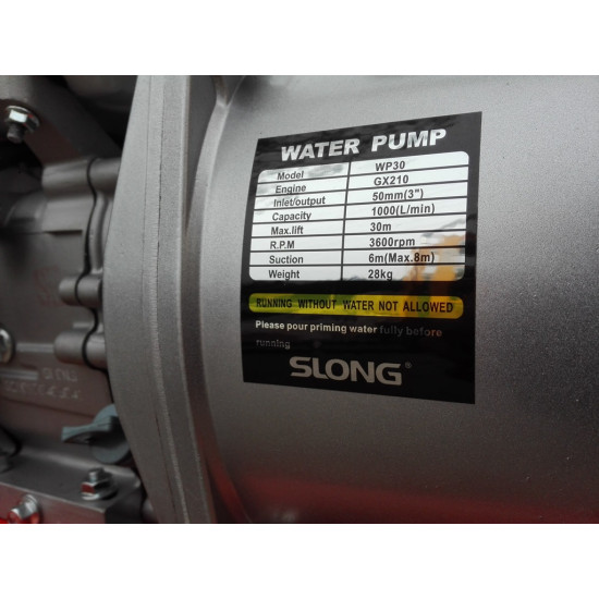 Ūdens sūknis 3 collu, koncerns SLONG, ar benzīna motoru 7,5 Zs GX210  (80mm ūdens izvads)